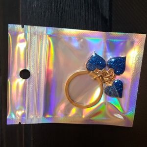 3 Blue Glittery Hearts Keychain Gold Tone - Brand New 💙
